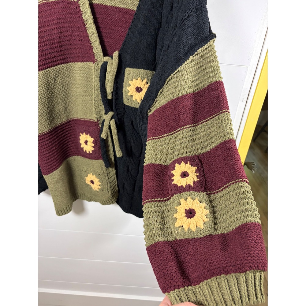 POL Cardigan Sweater Sunflower Crochet Patchwork Sz M Oversized Boho Tie Front - Picture 5 of 12